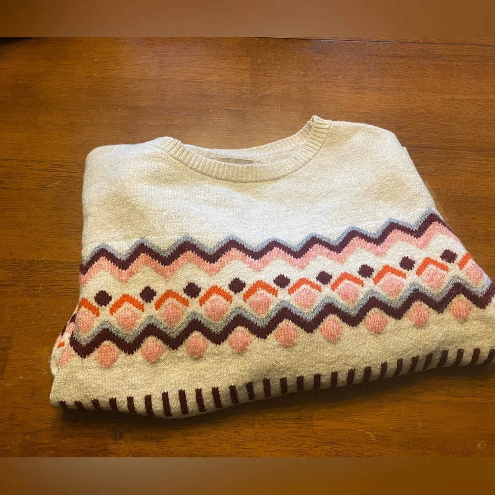 LOFT Wool Blend Fair Isle Cream Sweater with Pink and Brown Patterns Size S